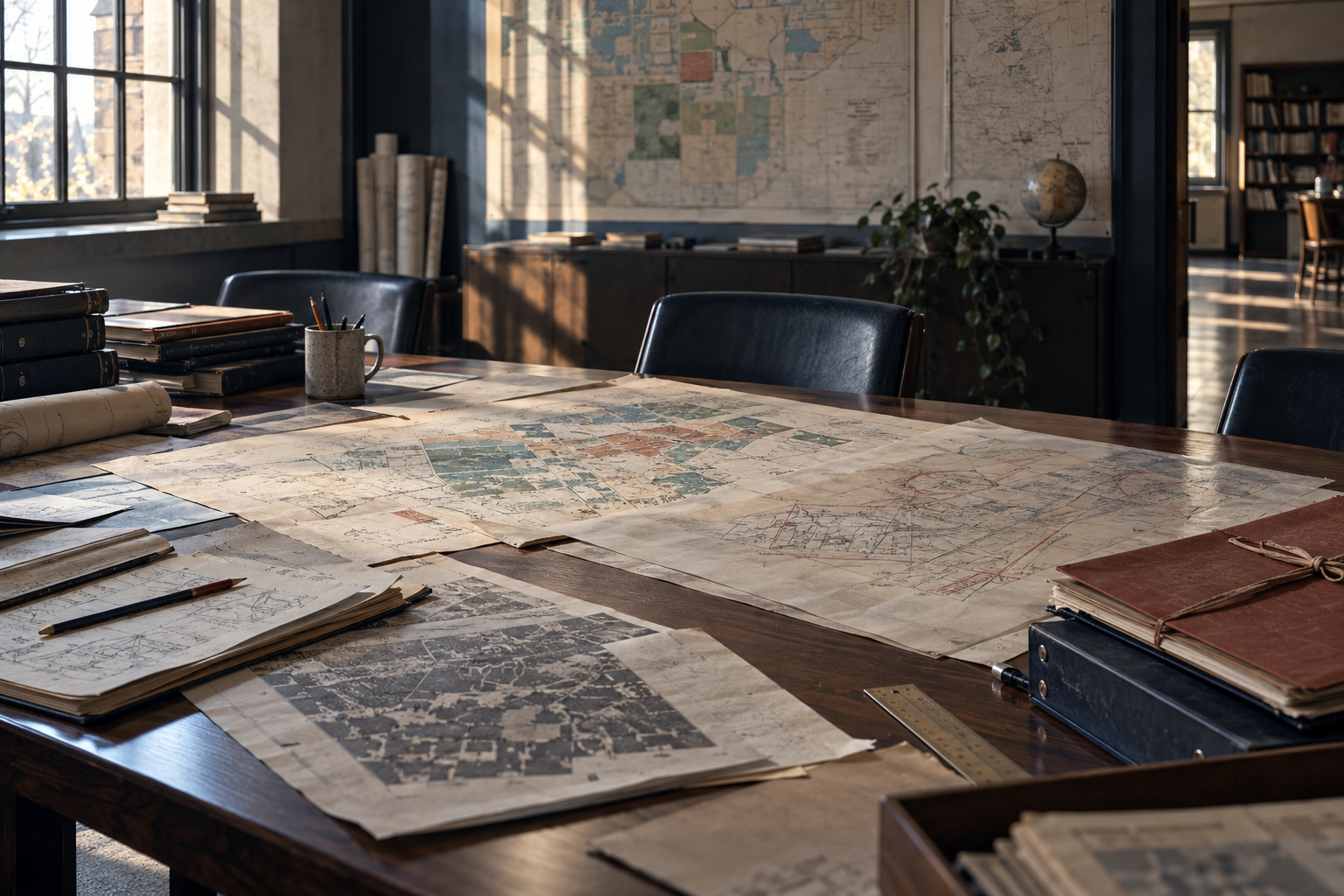 A planning room with archival district maps and annotated records arranged on a working table.